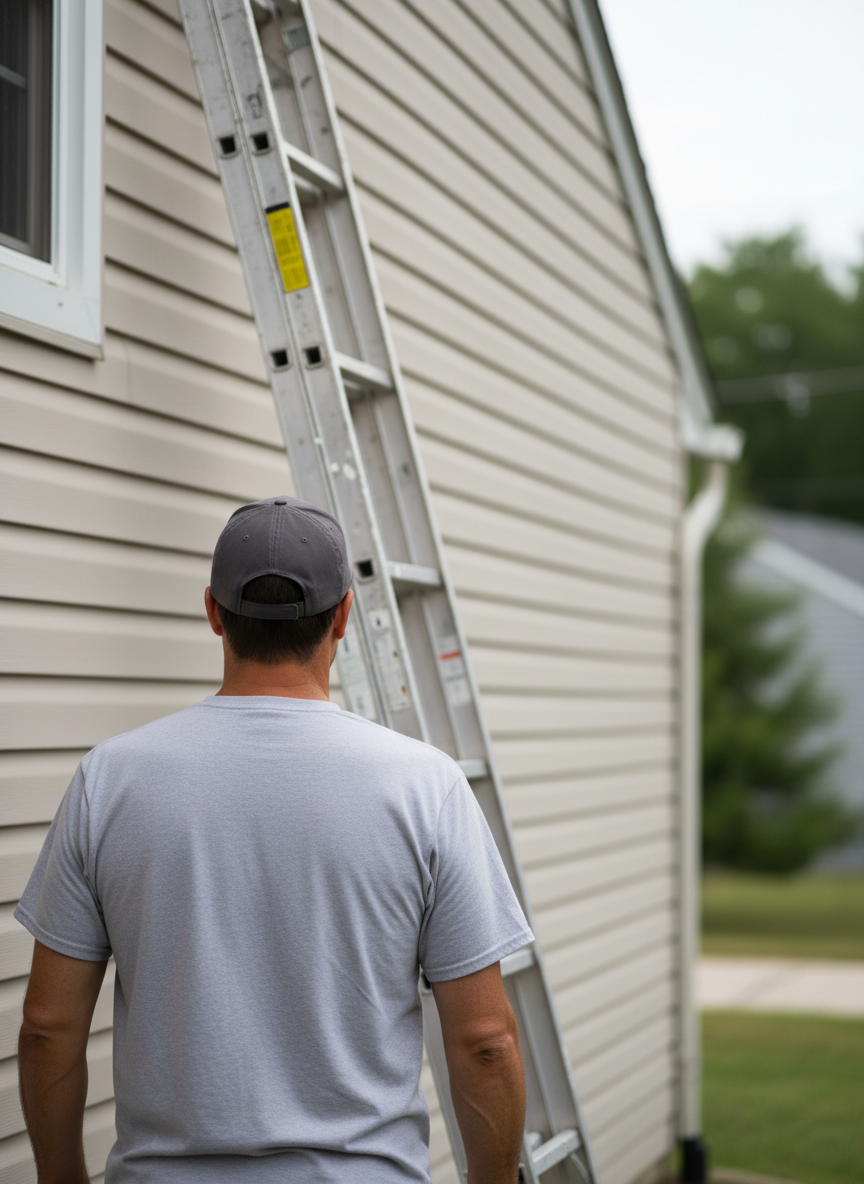 Home-service contractor beside a ladder at a house
