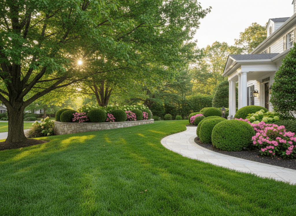 Professionally landscaped upscale home with lawn, flowers and stone walkway