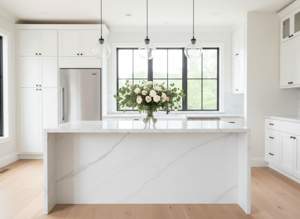Bright remodeled white kitchen with marble island and pendant lights